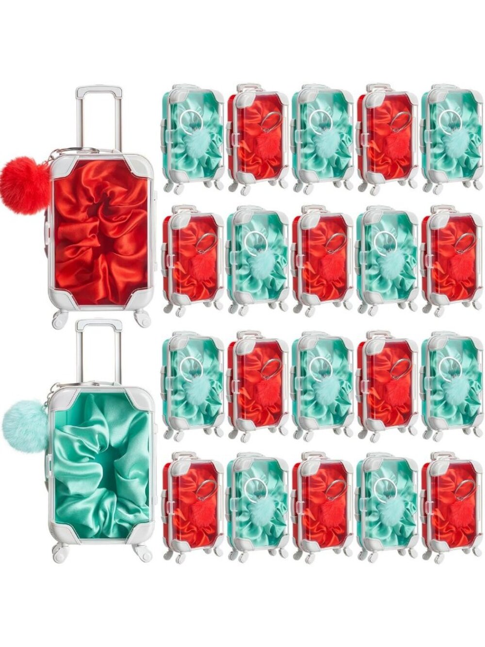 Mini Empty Suitcase Box Set with Plush Keychain - 60 Pcs, Red & Green Travel